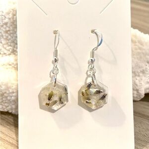 117. Hexagon earrings with lavender, crushed shells, and beach sand